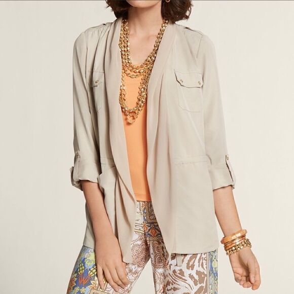 NWT Chico’s jacket soft mix safari crepe lapel size 0 (small 4) tan waist tie - Picture 8 of 12